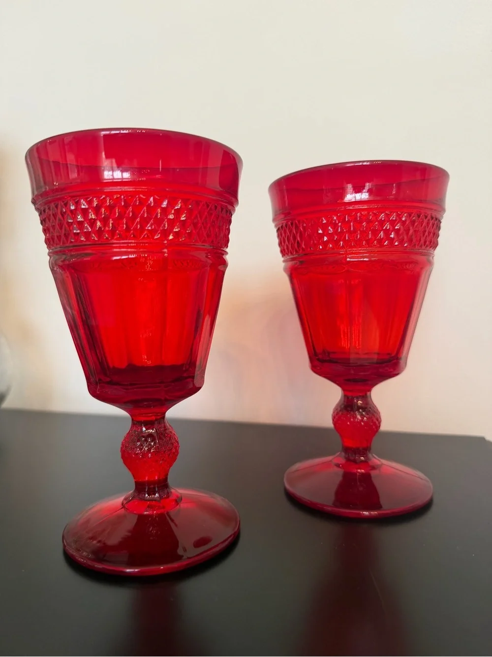 Vintage Ruby Red Glass Wine Goblets - Set of 2